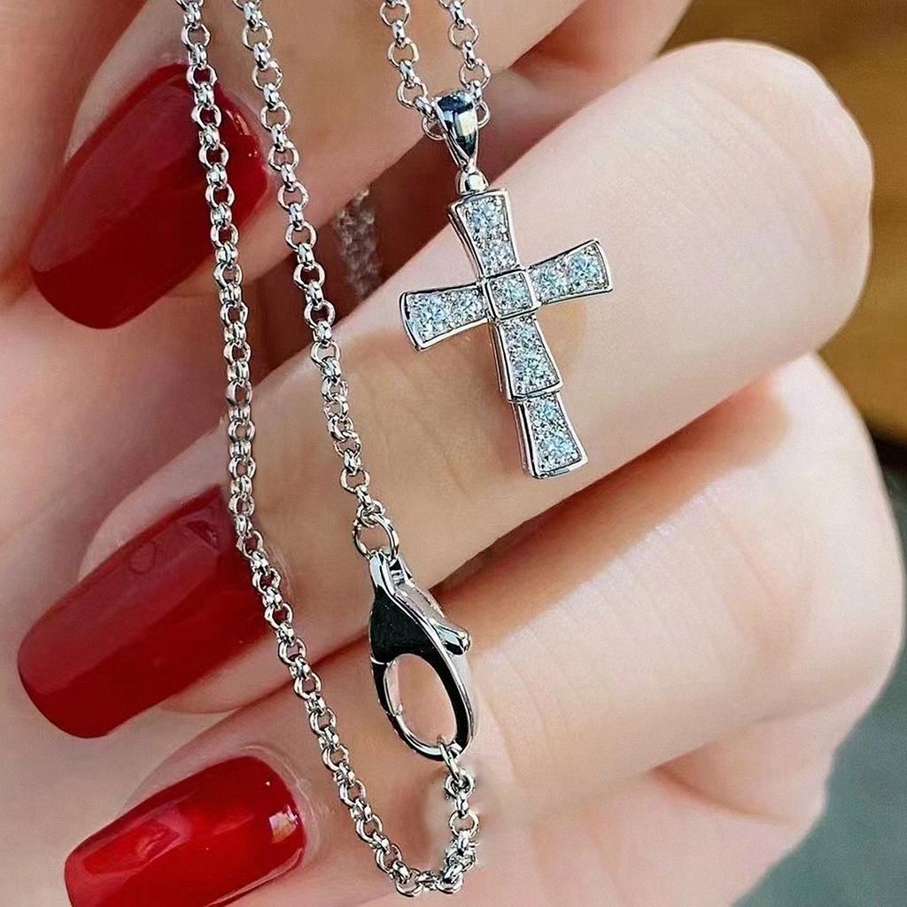Women Sparkling Stone Cross Pendant Necklace Elegant Minimalist Faith Inspired Chain