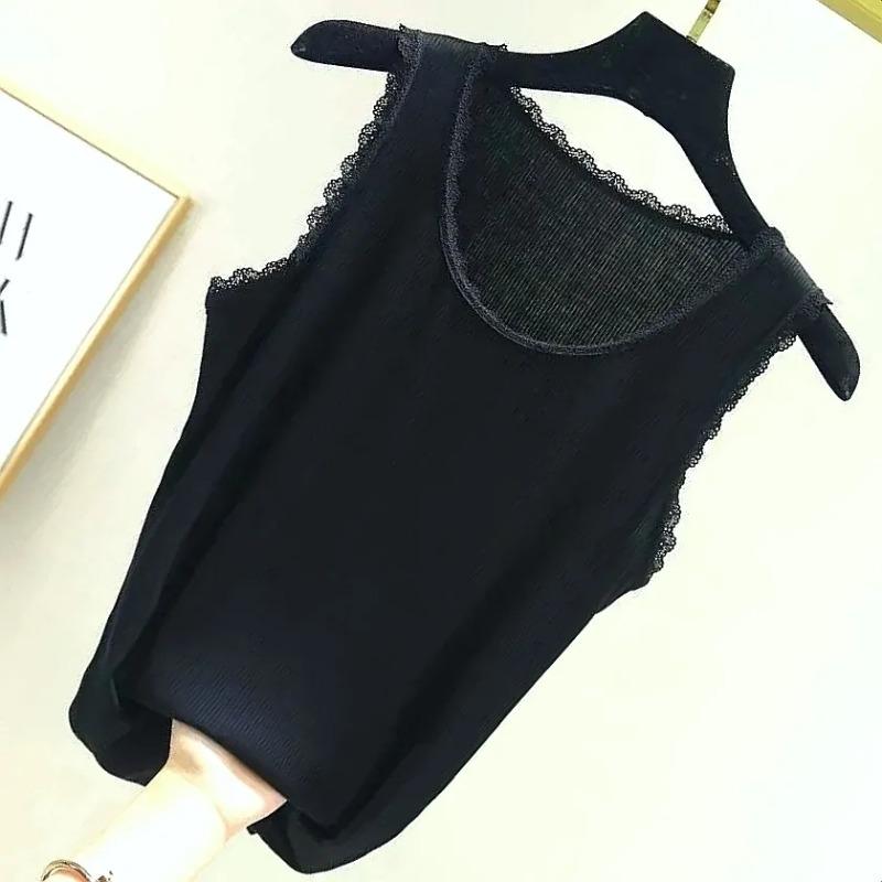 Knitted Thread Suspender Vest Women Hollow Lace Slim Tank Top Undershirt Simple Casual Solid Color Korean Fashion Spring Summer