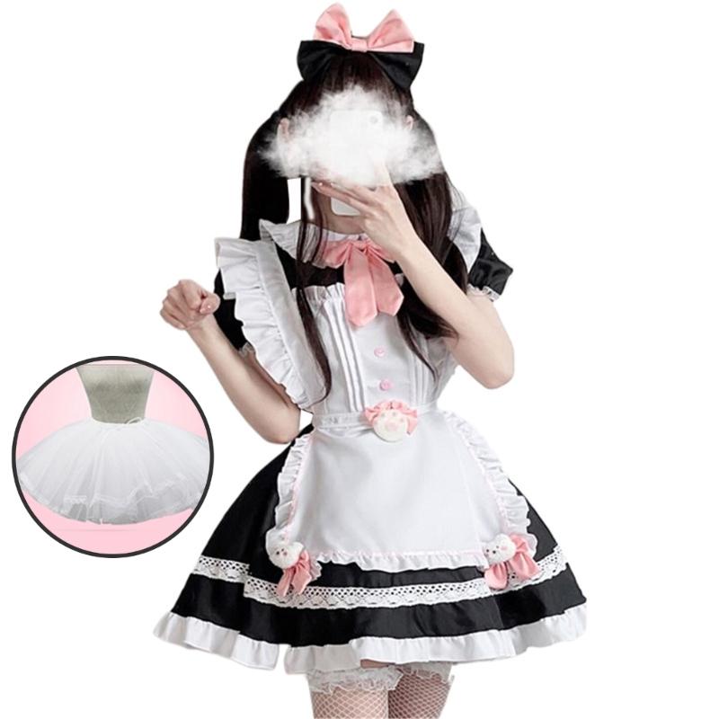 Sweet Maid Outfit Women Anime Maid Costume Fancy Dress Cosplays Costume Maid Dress with Sock Headwear Apron Bustel