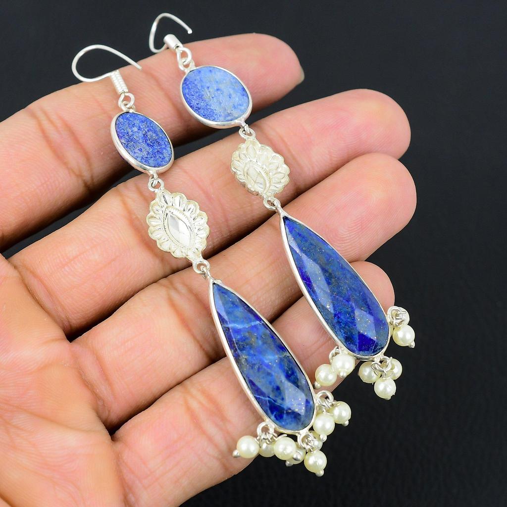 Lapis Lazuli Gemstone Dangle Handcrafted Earrings Jewelry 925 Sterling Silver