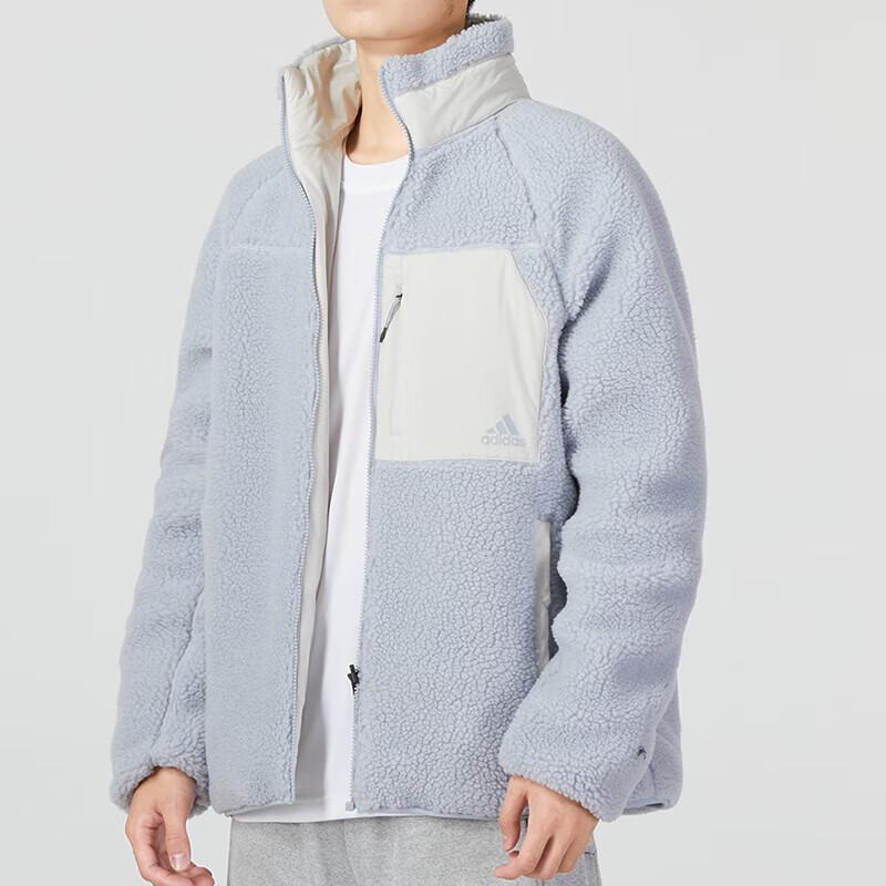 Adidas FW22 Logo Print Sherpa Reversible Warm Stand Collar Long Sleeve Cotton Jacket Men Tops Blue HN2078