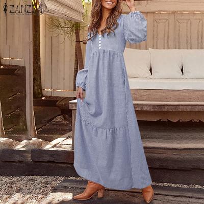 Vestido Longo Listrado Casual Solto de Manga Comprida e Decote em V para Mulheres