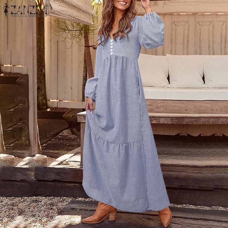 ZANZEA Rochie Lungă Casual cu Mâneci Lungi și Gât în V, Largă, cu Dungi