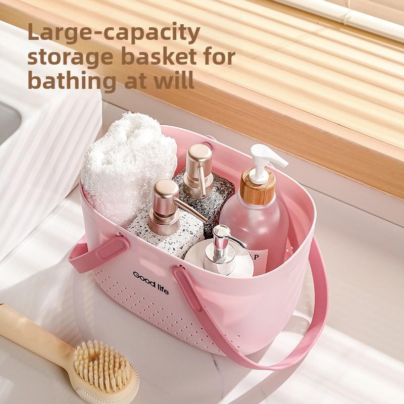 Portable Hollow Bath Basket Silicone Handle Portable Bath Basket Student Dormitory Bathroom Toiletries Storage Basket