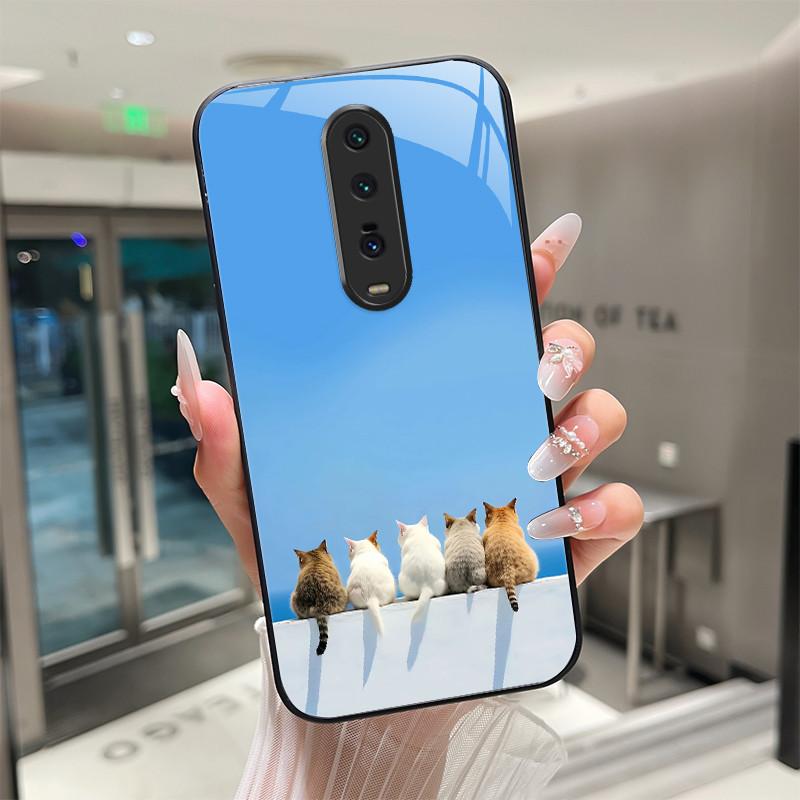 Cute Cartoon Cats Flower Case For Xiaomi Mi 9T Redmi K20 Pro Poco F2 Tempered Glass Phone Case Protective Back Cover Hard Shell