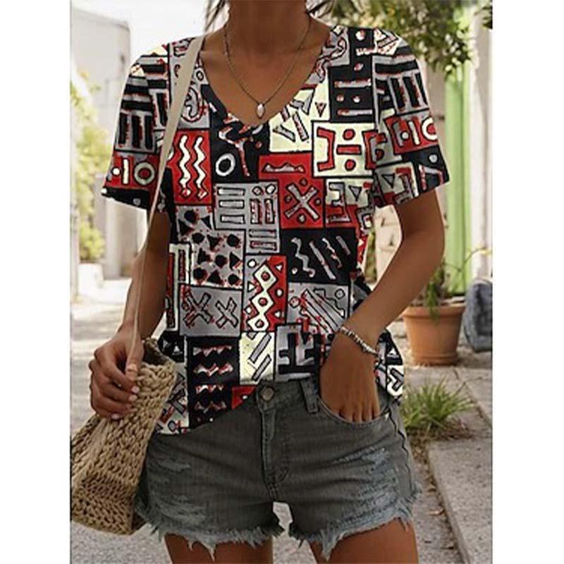 New Colorful Plaid Patchwork 3D Print T-Shirts Women's V-Neck Short Sleeve T Shirt Y2k Harajuku Tees Casual Tops Female Clothing