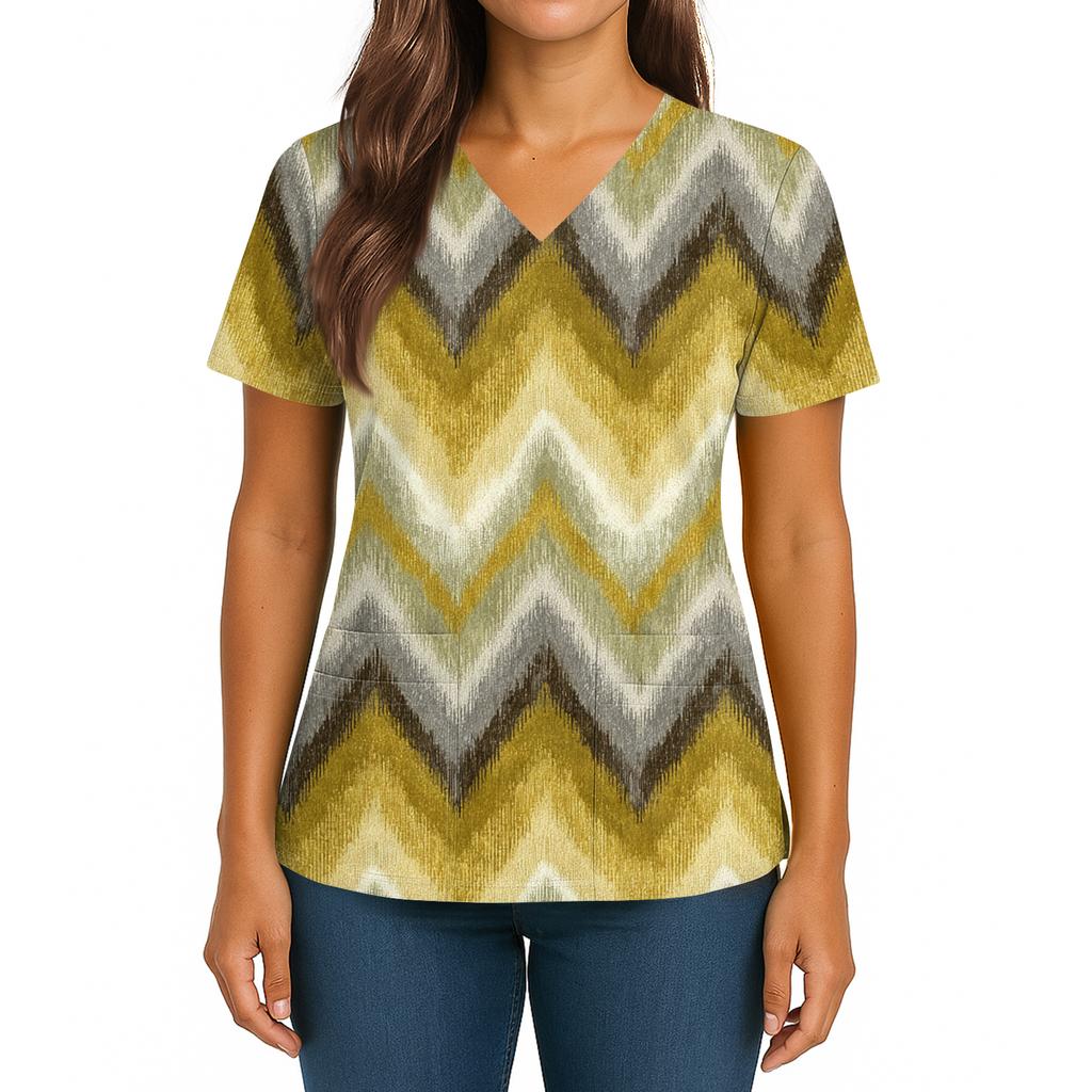 Women's Gradient Print V-Neck Double Pocket Short Sleeves Hem Slit Uniform Caregiver Top