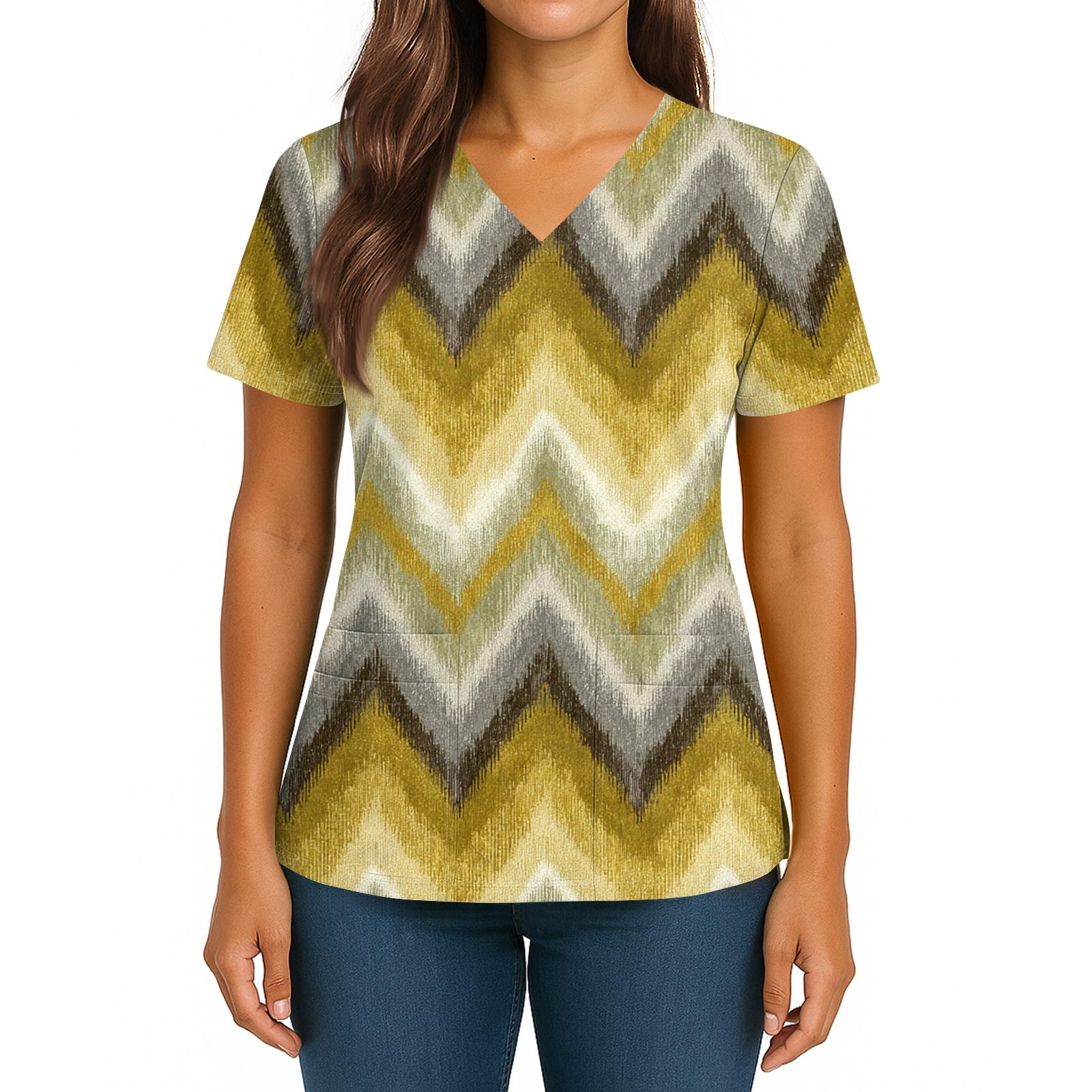 

Женский топ с градиентным принтом, V-образным вырезом, двойным карманом, короткими рукавами, разрезом по низу, униформа для ухода XL жёлтый