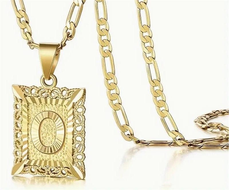 Initial Letter Pendant Necklace for Men Women 14K Gold Plated Square Necklace 26 Letters Long Chain Necklace GZW