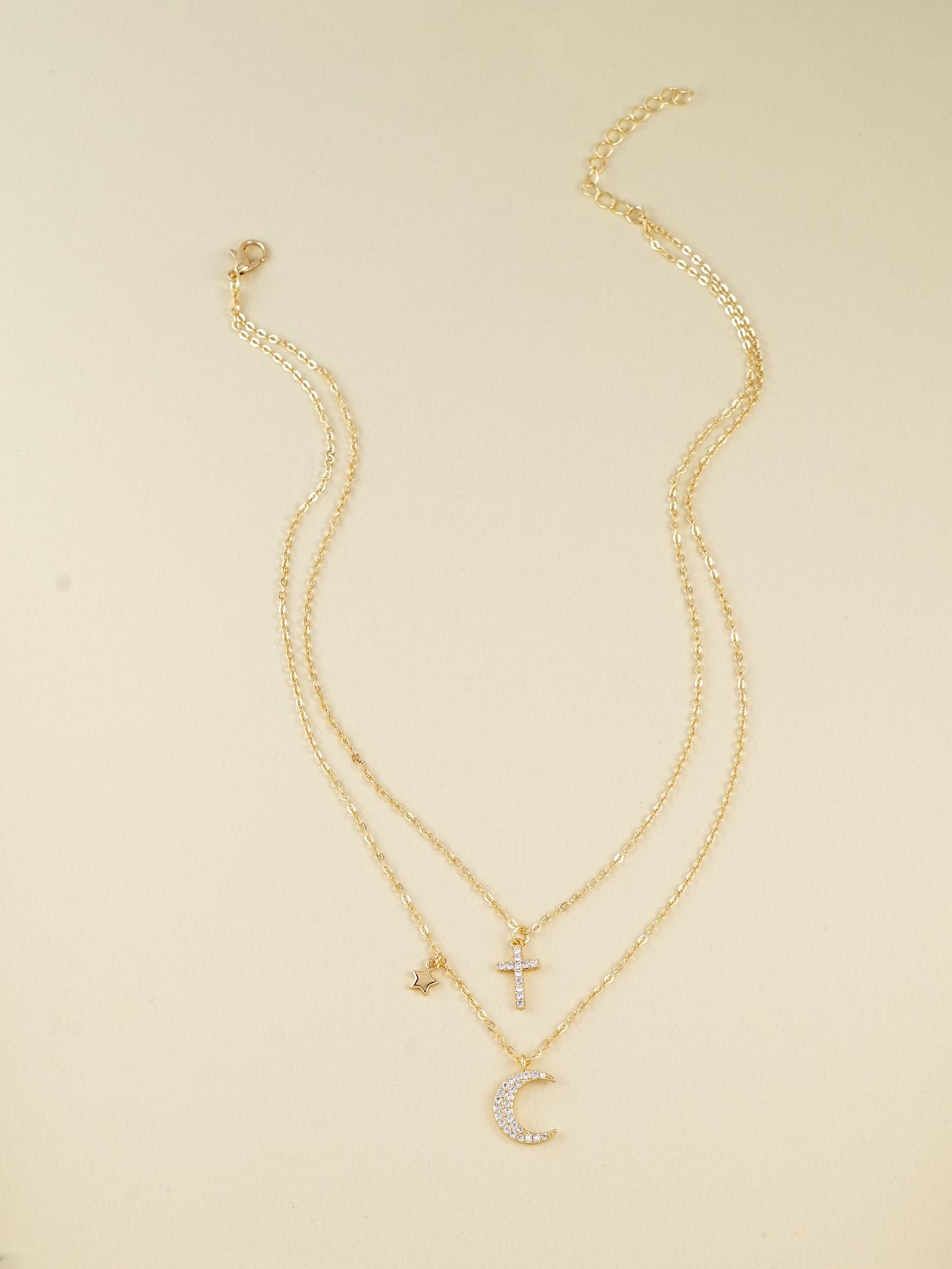 1pc Elegant Necklace With Cubic Zirconia Embellished Star, Moon, Cross Pendant, Suitable For Women s Daily, Date, Party