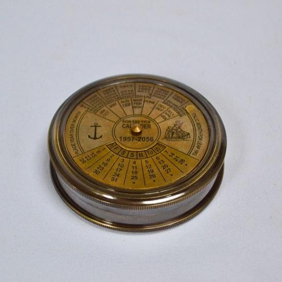 7.62 Cm Large 100 Year Calendar Compass In Wooden Box Brass,