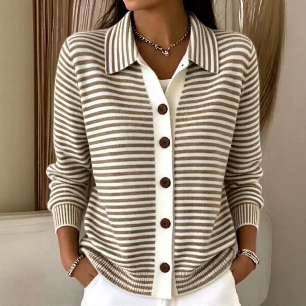 European & American Striped Knit Button Cardigan: Autumn/Winter Casual Solid Color Fashion for Women 2026