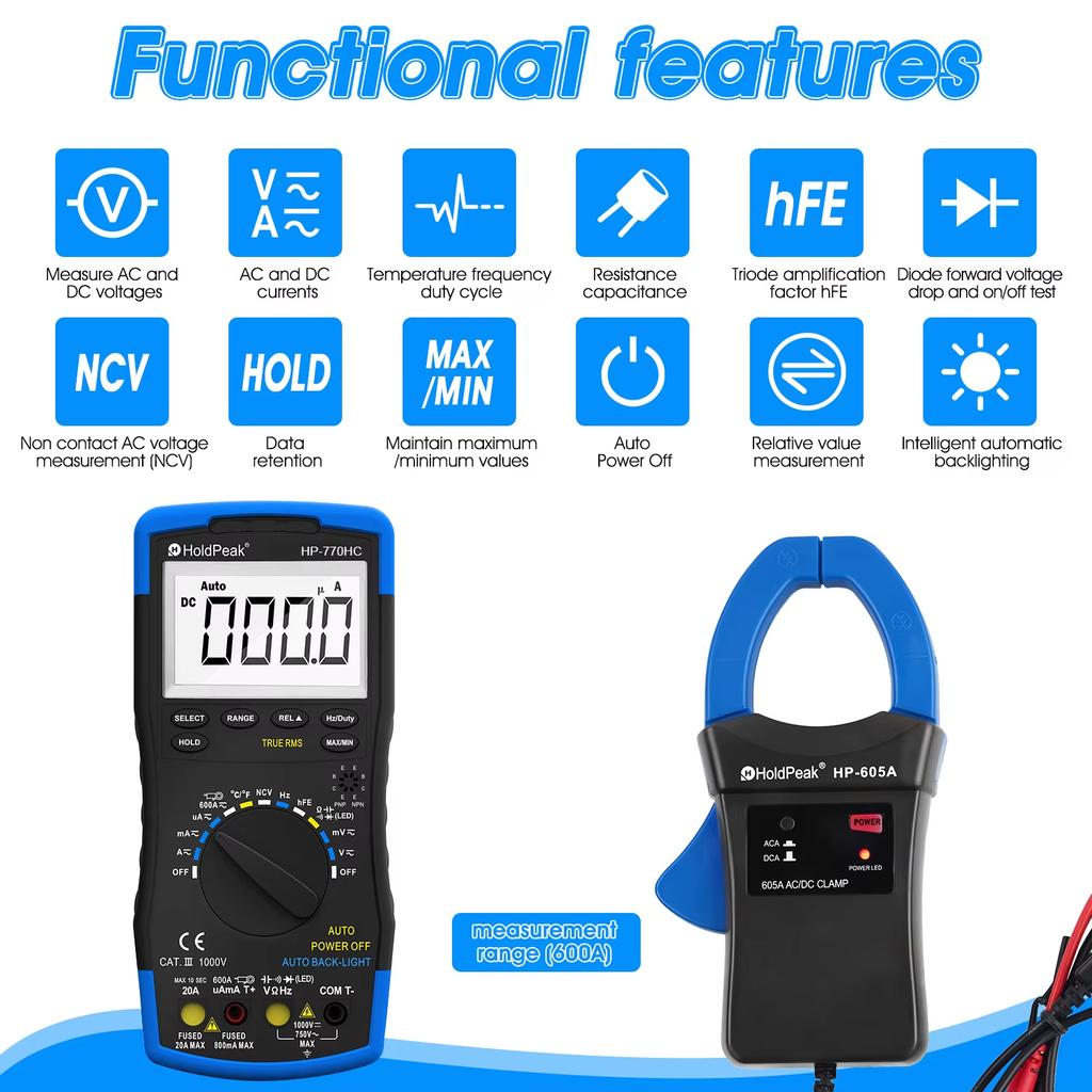 HoldPeak HP-770HC Digital Multimeter Tester True RMS Smart Autoranging Probe With NCV+HP-605A Clamp Adapter 600A AC/DC Current
