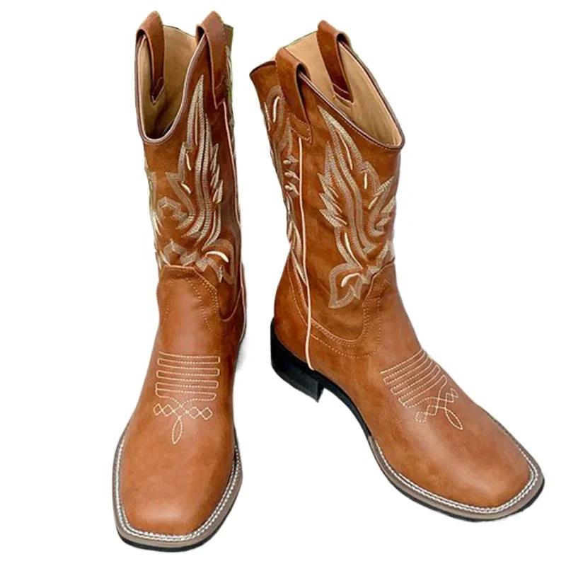 Luxusní značkové dámské boty Vyšívané westernové boty Kožené poloviční kovbojské boty Zimní boty na robustním podpatku Dámské podzimní boty