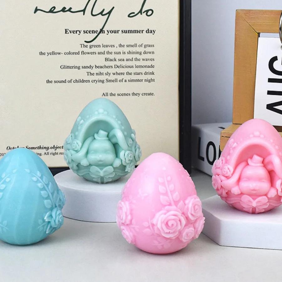 Relief Easter Egg Candle Silicone Molds Rose Flower Rabbit Head Resin Moulds Animal Bunny Gypsum Making Tools Lily Festival Gifts