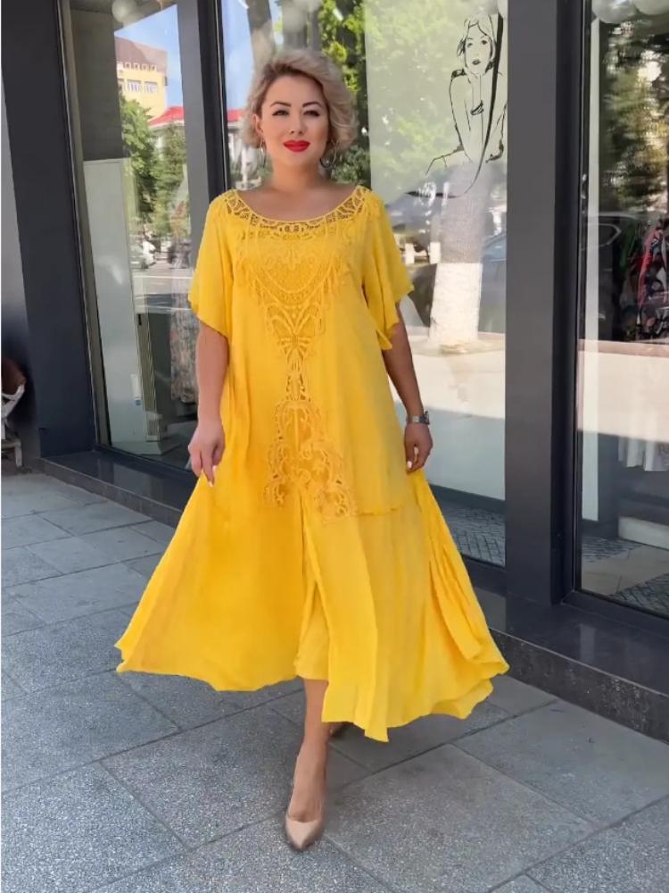 

Женское летящее желтое платье с кружевной отделкой, с круглым вырезом и короткими рукавами, повседневное летнее платье S жёлтый