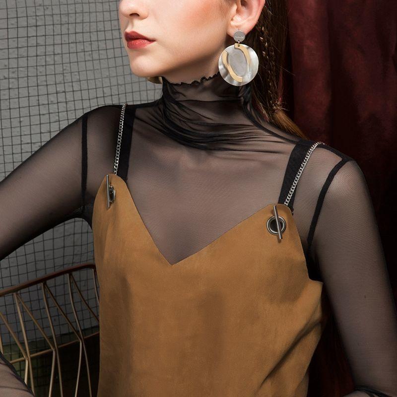 High Neck Mesh Base Shirt Women's Inner Outfit Stylish Gauze Shirt Plus Size Black Pile Collar Lace Shirt Top