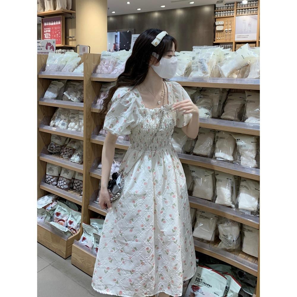 Large Size Square Neck Floral Skirt Micro Summer Sweet Wind Niche Temperament Thin Bubble Sleeve Jumpsuit Medium and Long Skirt