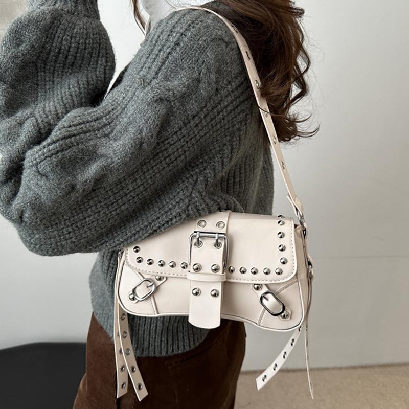 Yogodlns Trendy Motorcycle Punk Style Shoulder Bag for Women Solid Color Fashion Rivet Commuter Small Square Underarm Bag