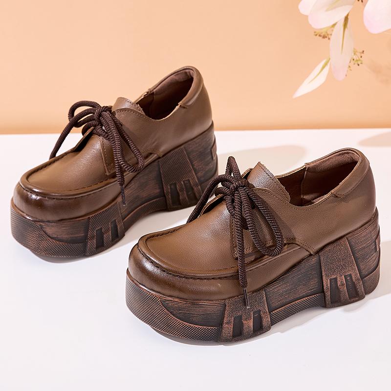 Moda GKTINOO 2025 Primavera Nuevos Zapatos de Salón de Cuero Genuino Zapatos de Mujer de Suela Gruesa Retro Cómodos de Punta Redonda Cuñas Zapatos de Plataforma