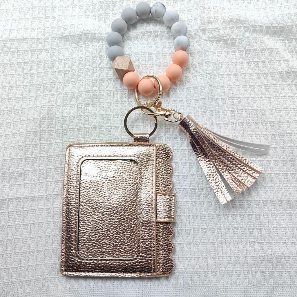Leopard Print Silicone Bead Bracelet Keychain for Women with Tassel Pendant