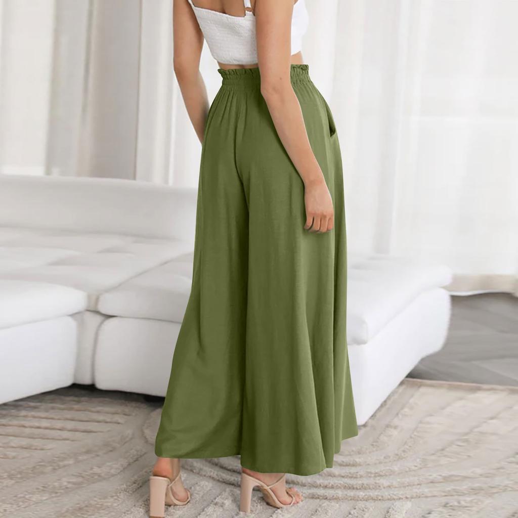 Women's Color Trousers Elastic Belt Wide Leg High Waist Long Culottes