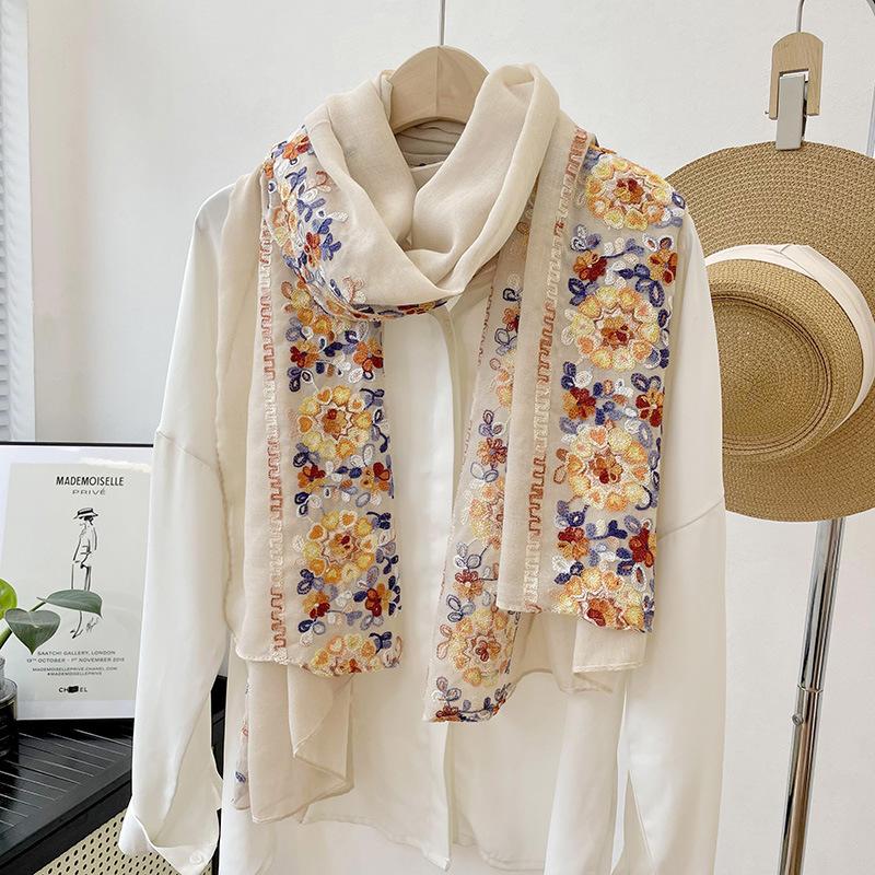 New embroidered flower cotton scarf with temperament shawl women's scarf neck protection fashionable and warm