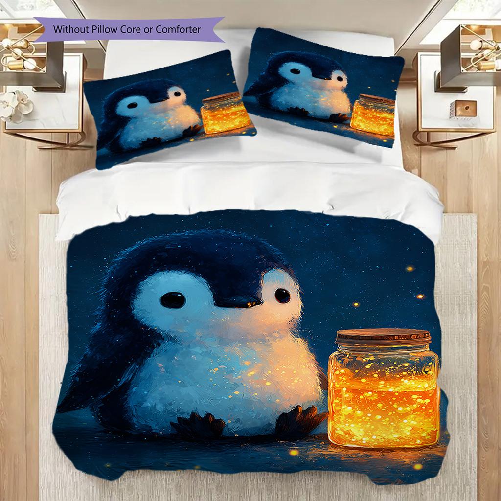 Pinguinmuster Bettwäsche Steppdecke Set Bettbezug Kissenbezug Heimdekoration Geburtstagsgeschenk (1 Bettbezug + 2 Kissenbezüge, ohne Füllung)