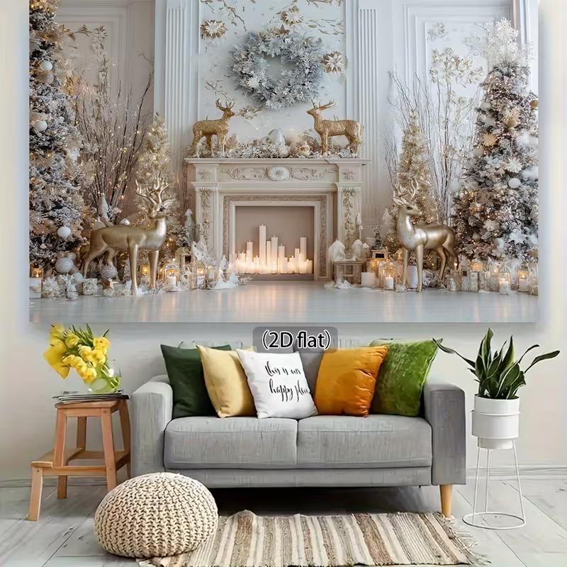 2D White Gold Christmas Fireplace Backdrop Reindeer Photography Background