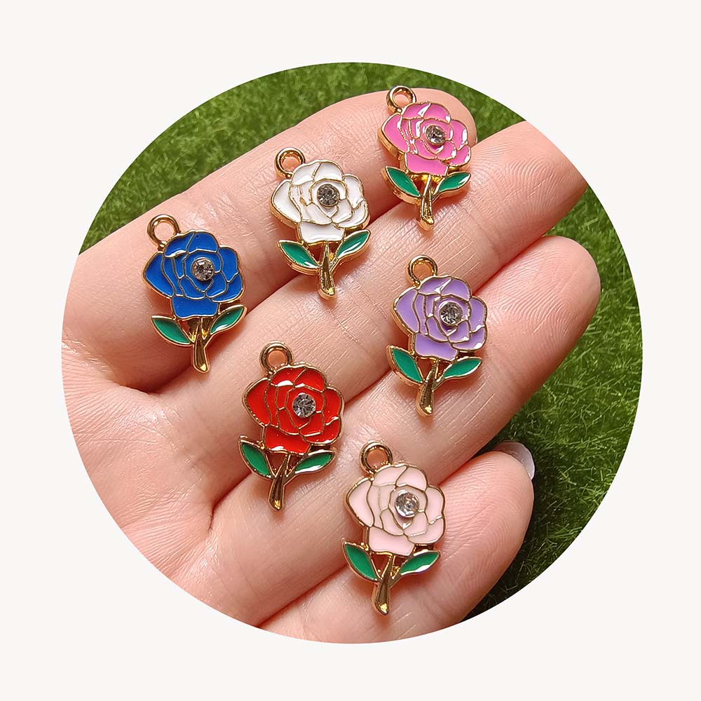 100Pcs Rose Alloy Enamel Pendants With Rhinestone Flower Metal Charms for Necklace Bracelet Jewelry Making Gift
