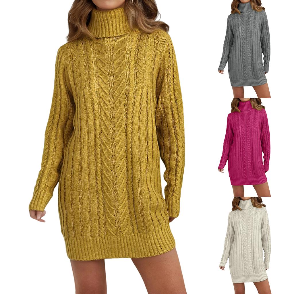 Women's Fall And Winter Knitted Long-Sleeve Turtleneck Cable-Knit Slim-Fit Sweater Dress