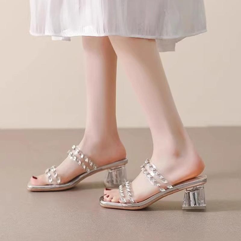 2025 spring and summer explosion silver rhinestone temperament square head word with high heels female sexy open-toed thin heel cool slippers