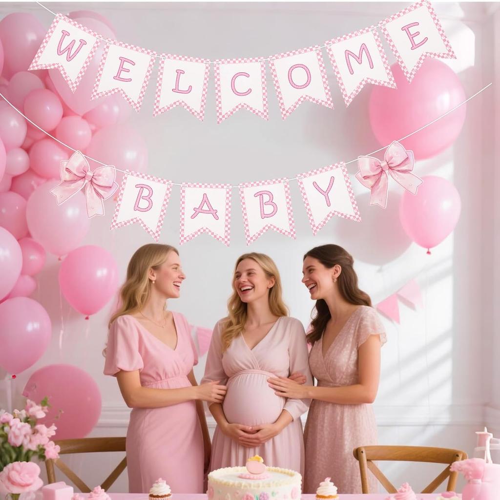 2pcs Welcome Baby Banner, Pre-Strung Pink Bow Welcome Baby Sign Hanging Banner Perfect Decorations and Photo Props for Girls Babies Shower Gender