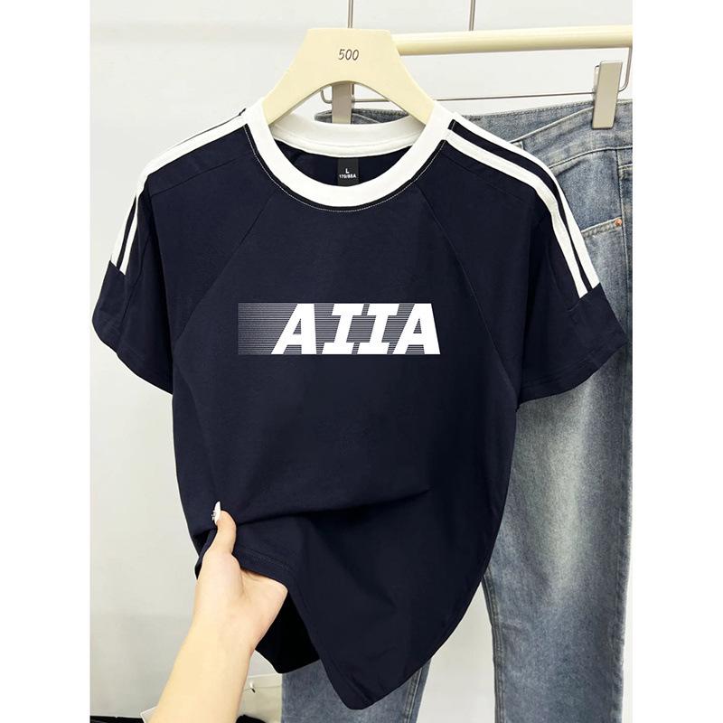 

Women s Summer Heavyweight Crew Neck Cotton T-Shirt with Three Stripes and Letter Print M темно-синього кольору