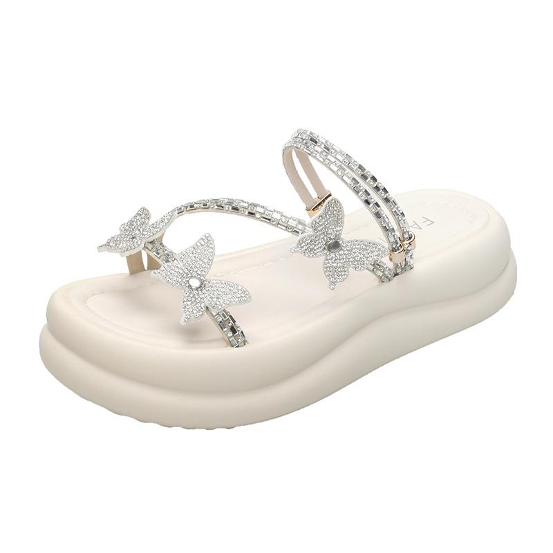 Fairy wind muffin thick-soled cool slippers female outer wear 2025 summer new round head rhinestone belt two wear flat sandals