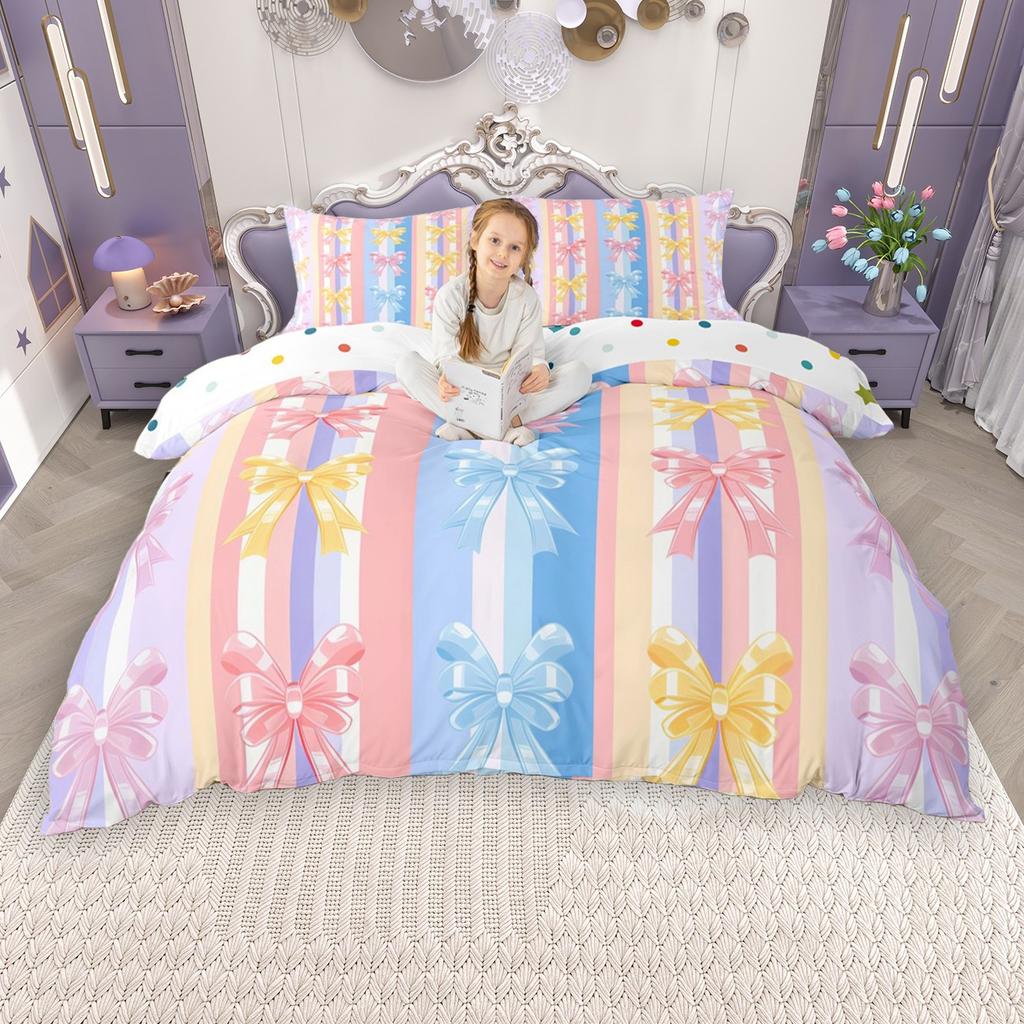 Homewish Princess Style Duvet Cover Set, Pink Bow Knot Ribbon Bed Set, Girls Bow-Tie Quilt Cover Set