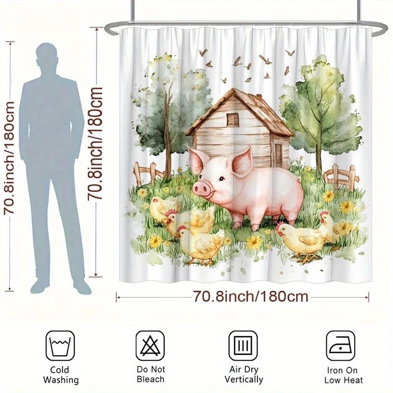 Pig & Chickens Shower Curtain - Farm Scene, Polyester, 12 Hooks,  Washable