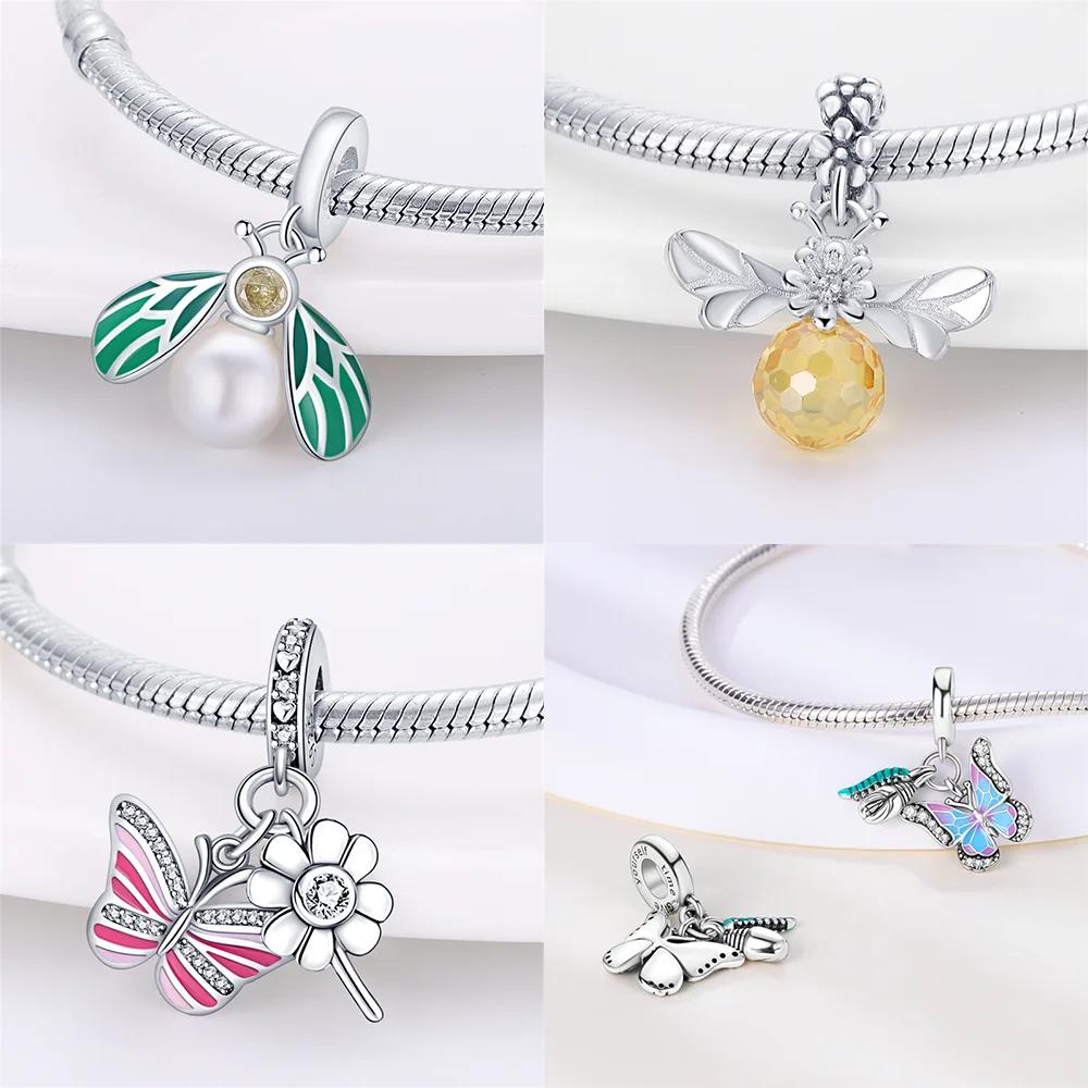 Copper Authentic Charm Bead Charms Pink Butterfly Flowers Yellow Zircon Fireflies Bees Bead Charms Compatible With Bracelets Women Jewellery Making Di