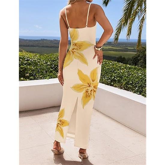 Women's Sexy Suspender Backless Flower Print Slim Summer Long Dress