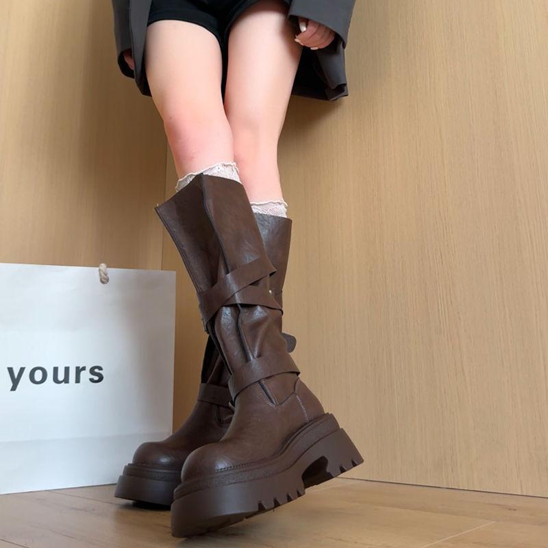 Maillard Small Belt Buckle Boots Women's Autumn and Winter New Thin Western Boots Straight Long Knight Boots