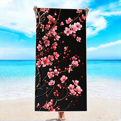 1Pc, Black Background Red Plum Beach Towel, Super Absorbent Lightweight Beach Towel - Sand-Free Quick-Drying Towel, Soft Microfiber, Suitable for Vari