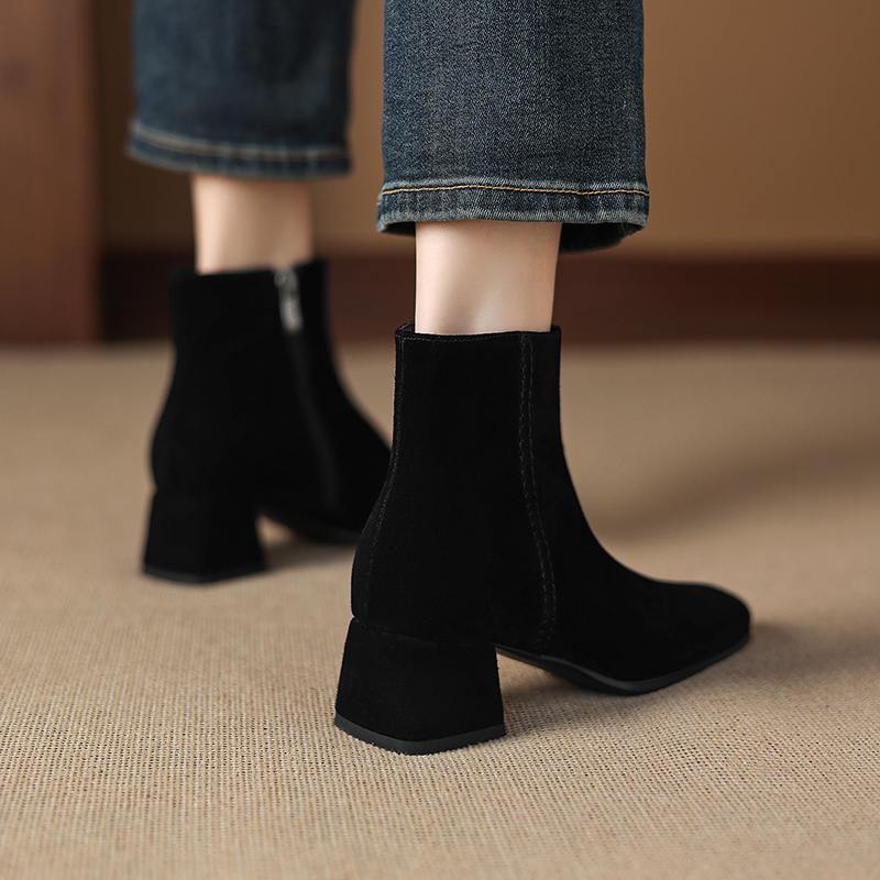 Krazing Pot 2026 cow suede nubuck Winter Square Toe Chunky Heels Chelsea Fashion Boots Women Zip Retro Women Ankle Boots