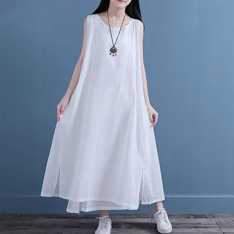 

Хлопково-льняной жилет-юбка 2025 лето новый фанат однотонное двухслойное платье большой размер свободный темперамент длинная юбка 2XL белый