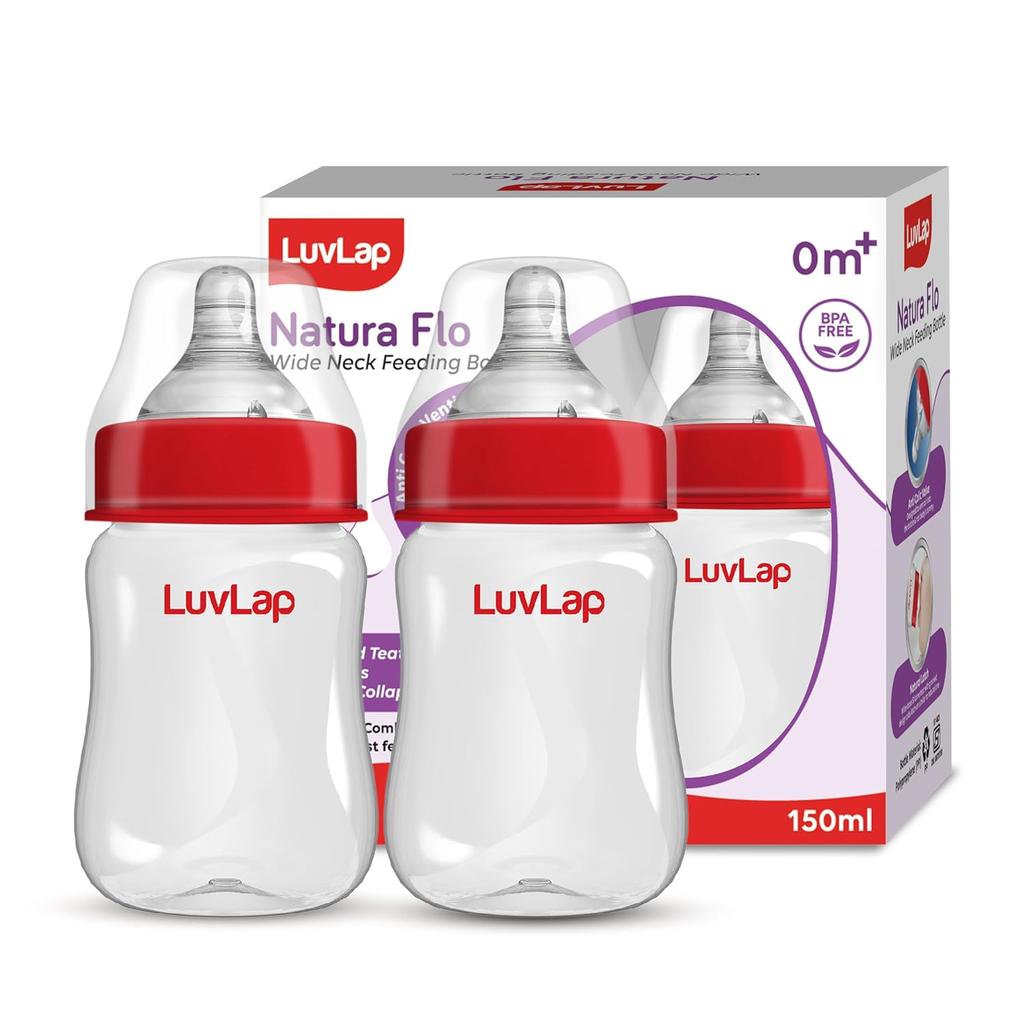 LuvLap Anti-Colic Wide Neck Natura Flo Baby Plastic Feeding Bottle 150ml (Pack of 2) BPA Free Newborn Infant Toddler