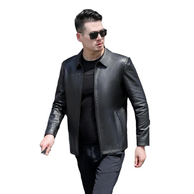 Spring and Autumn Men's Genuine Leather Jacket First Layer Cowhide Jacket Solid Color Lapel Jacket Middle-aged Business Dad Outfit Large Size