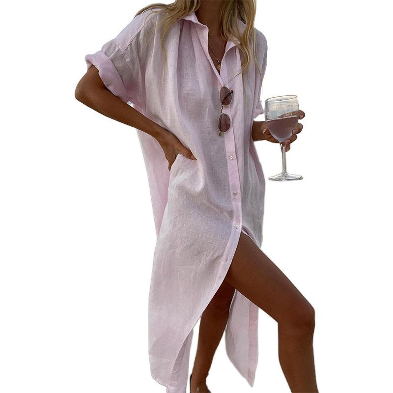 Rochie Cămașă Midi Casual de Vară pentru Femei, Culoare Solidă, Bumbac-In, Nasturi, Mânecă Lungă, Largă, Cover-up pentru Bikini pe Plajă