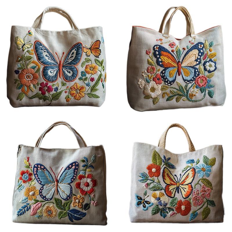 DIY Linen Tote Bag Cross Stitch Sewing Needlepoint Embroidery Kit with Stamped Flower Butterfly Pattern Hoops Threads