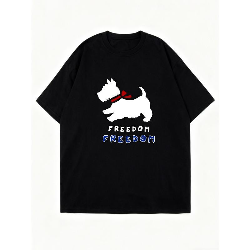 Oversized T Shirt Black Westie Dog With Red Bow Freedom Text Print Casual Streetwear For Women