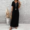 Women Plus Size V Neck Short Sleeve Black Printed Straight Maxi Dress