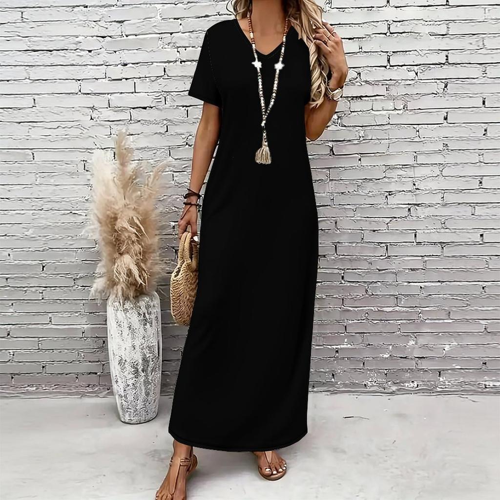 Women Plus Size V Neck Short Sleeve Black Printed Straight Maxi Dress